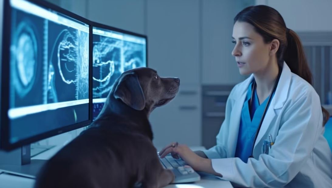 Veterinária analisando exames de imagem no computador ao lado de um cão