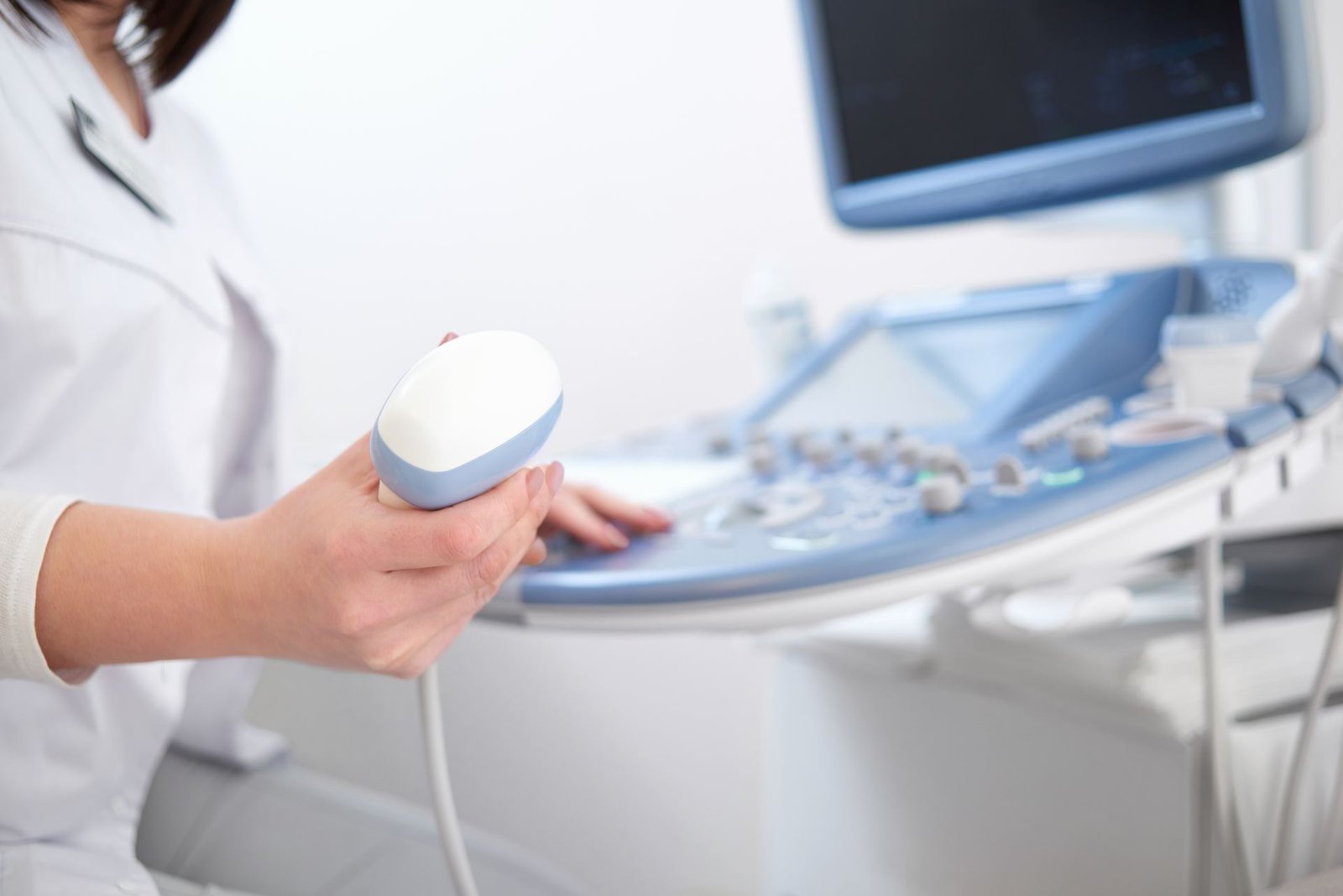 Mão de médica veterinária segurando o transdutor do ultrassom